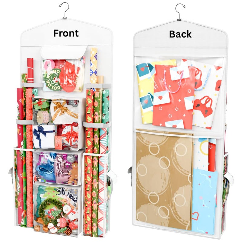 ProPik Hanging Double Sided Wrapping Paper Storage Organizer With Multiple Front And Back Pockets Organize Your Gift Wrap & Gift Bags Bows Ribbons 40â€X17" Fits 40 Inch Rolls (White) - Image 1